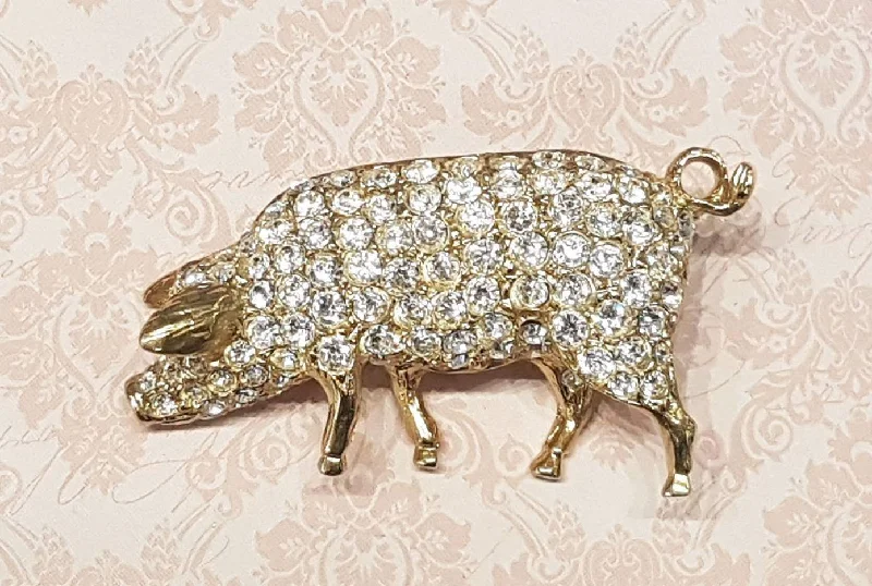 seasonal brooches for women-Pig Brooch Gold Glass Crystal By Sardi