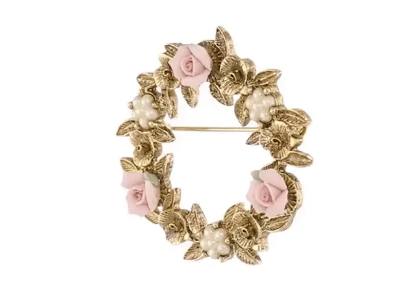 multi-stone brooches for women-1928 Bridal Pink Porcelain Rose Wreath Brooch