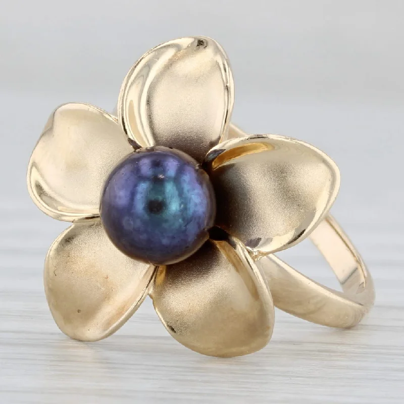 affordable sapphire engagement rings for women-Black Cultured Pearl Flower Ring 14k Yellow Gold Size 6 Floral Statement