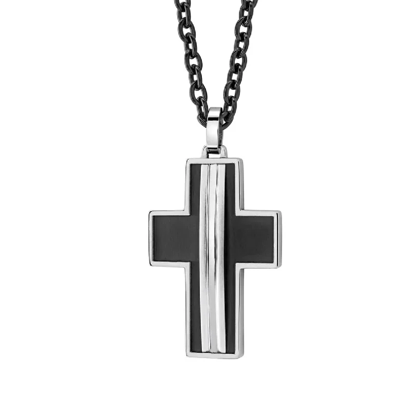 moon necklaces for women-MEN'S BLACK PLATED STAINLESS STEEL CHAIN AND CROSS PENDANT