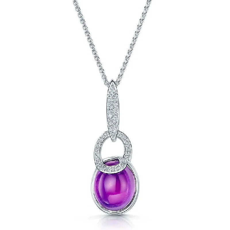 charm necklaces for women-18ct White Gold Cabochon Amethyst & Diamond Swirl Design Pendant