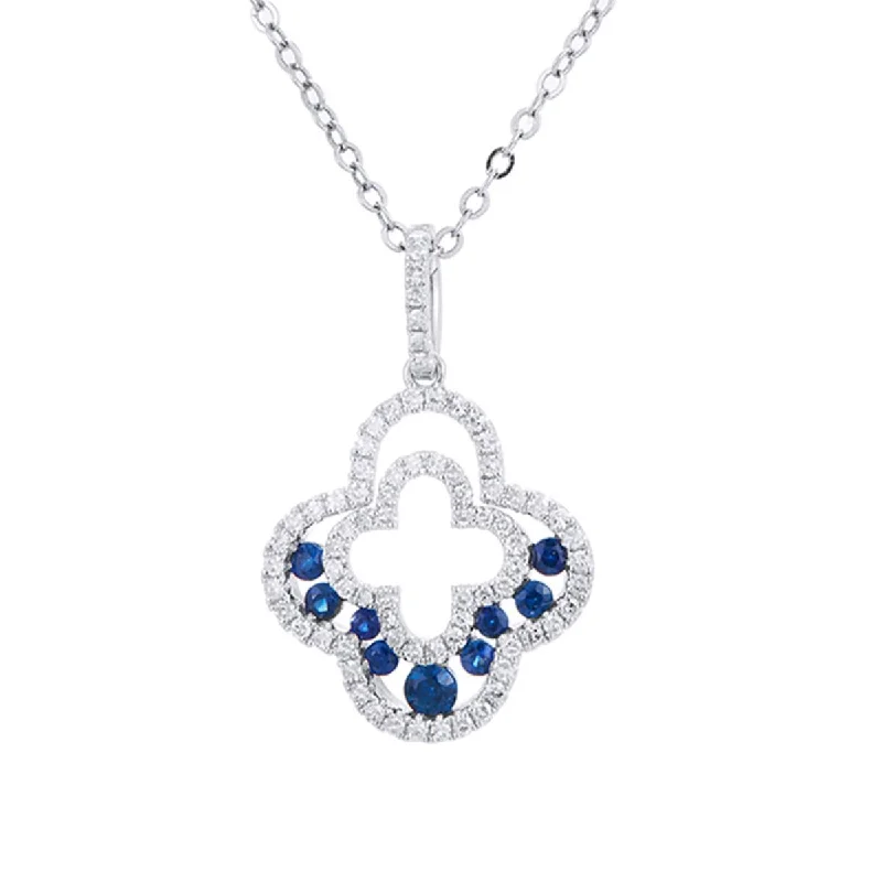 silver necklaces for women-WHITE GOLD FOUR LEAF CLOVER PENDANT WITH SAPPHIRES AND DIAMONDS, .50 CT TW