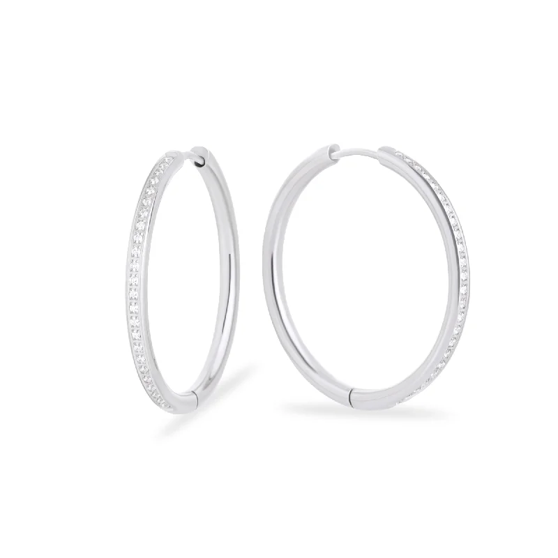 anniversary earrings for women-Stainless thin half eternity hoop earrings