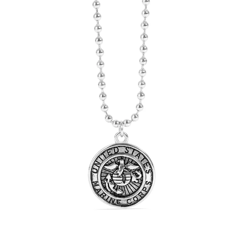 retro necklaces for women-United States Marine Corps Stainless Steel Polished Pendant on Ball Chain / CHJ4073