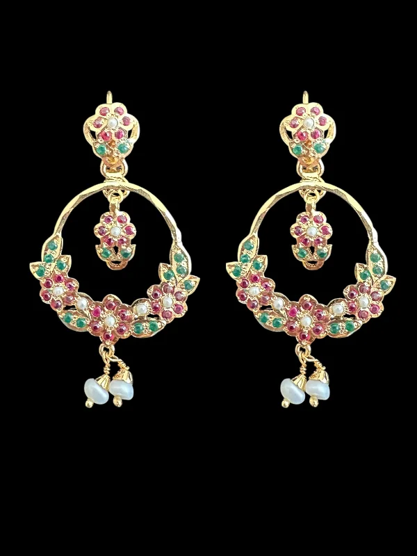 red gemstone earrings for women-92.5 silver gold plated Chandbali earrings in ruby emerald  ( READY TO SHIP )