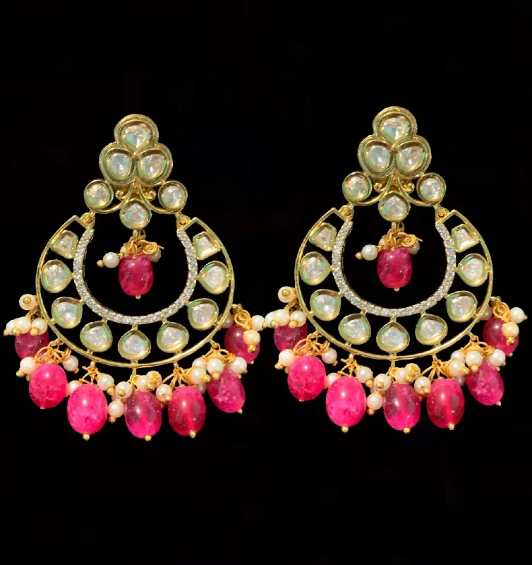 cubic zirconia earrings for women-DER221 ruby earrings with polki and pearls ( READY TO SHIP )