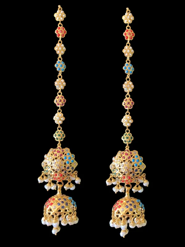 black diamond earrings for women-Navratan gold plated silver jhumka earrings