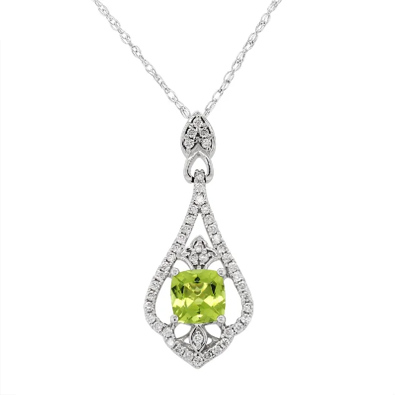 designer necklaces for women-MODERN WHITE GOLD PENDANT WITH CUSHION PERIDOT AND DIAMONDS, .29 CT TW