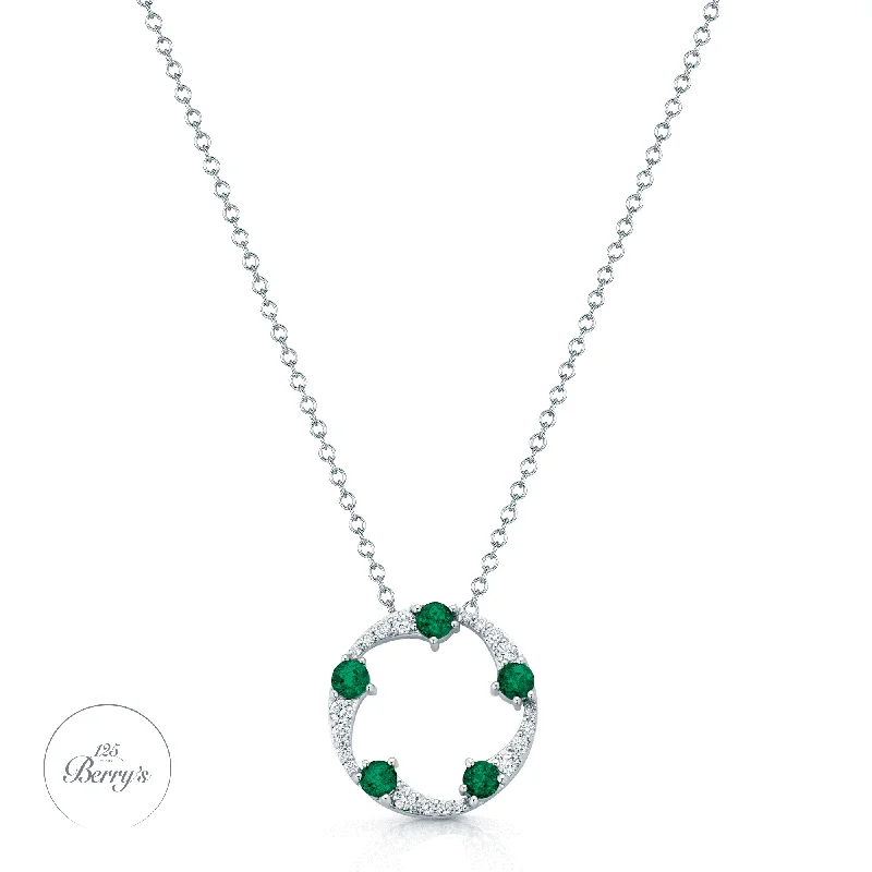 adjustable gold necklaces for women-OPEIA Collection 18ct White Gold Emerald And Diamond Fancy Circle Pendant With Chain