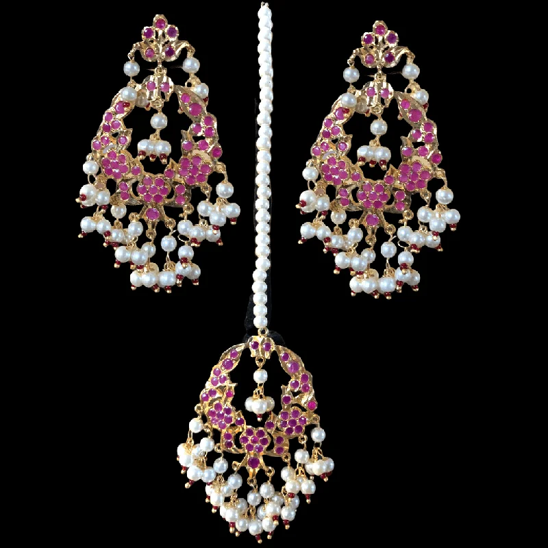 sapphire earrings for women-DJET1 Madhuri earrings tika set in ruby ( SHIPS IN 4 WEEKS )