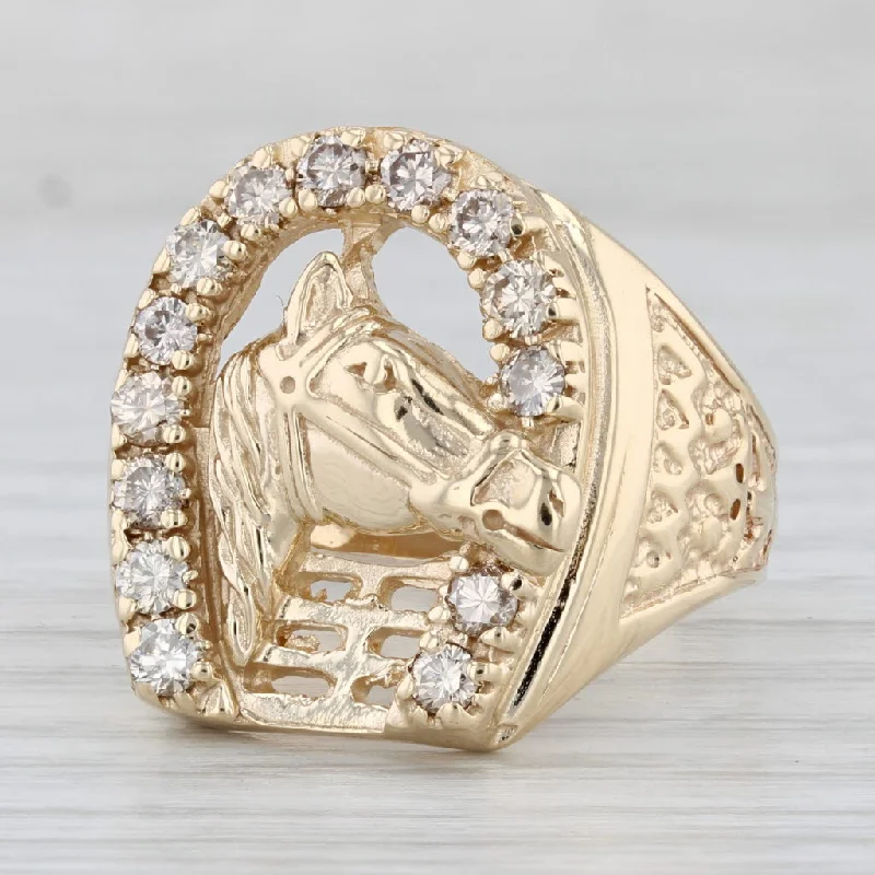 cathedral engagement rings for women-0.90ctw Diamond Horseshoe Horse Ring 14k Yellow Gold Men's Size 11 Western