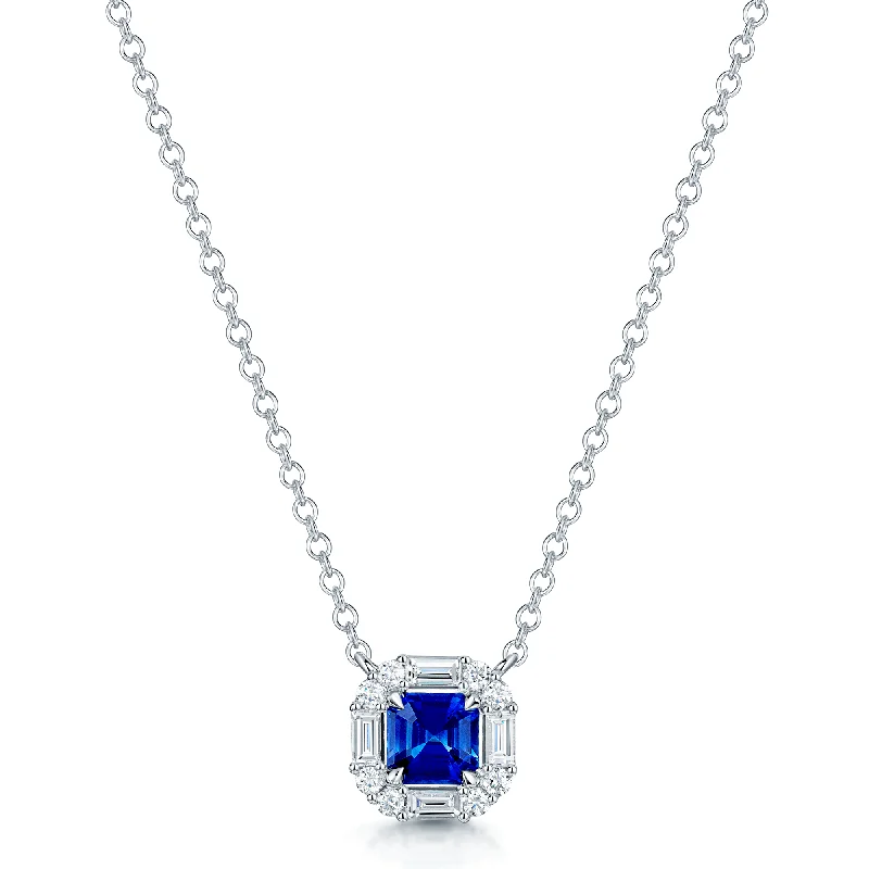 star necklaces for women-18ct White Gold Cushion Cut Sapphire And Diamond Halo Surround Pendant