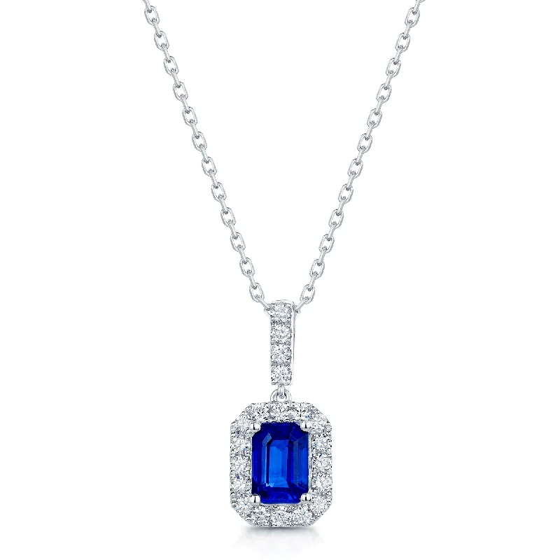 trendy necklaces for women-18ct White Gold Emerald Cut Sapphire And Diamond Halo Pendant