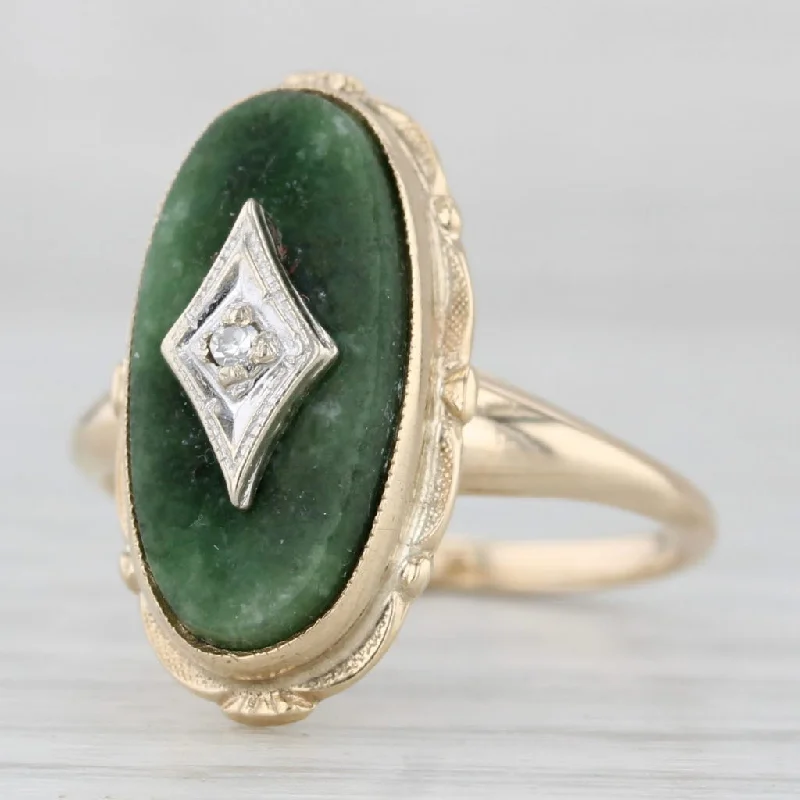 classic solitaire engagement rings for women-Nephrite Jade Diamond Signet Ring 10k Yellow Gold Size 5.75 Vintage