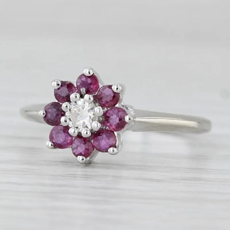 three-stone engagement rings for women-0.41ctw Diamond Ruby Flower Ring 14k White Gold Size 6