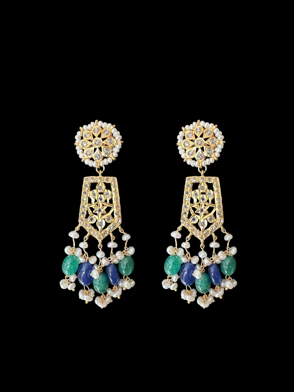 sapphire earrings for women-DER598 Indu earrings with fresh water pearls and emerald sapphire beads ( READY TO SHIP )