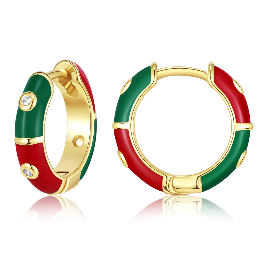 gold earrings for women-Dainty Dual-color Enamel Small Hoop Colorful Cute Huggie Earrings-Red-Green