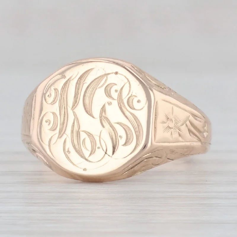 custom-designed engagement rings for women-Antique Monogram Signet Ring 10k Yellow Gold Size 7 Floral Engraved