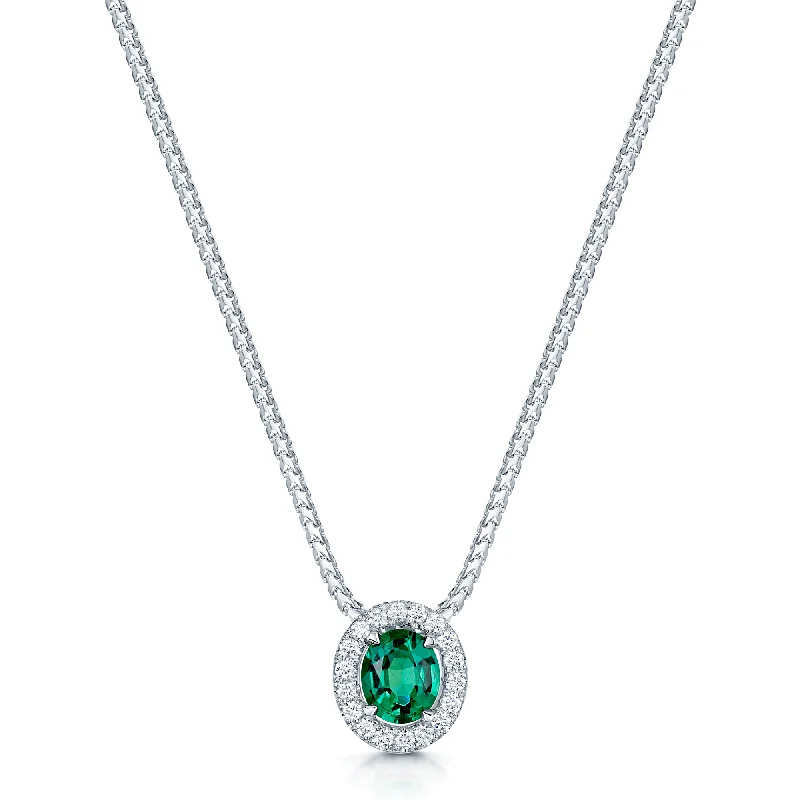 custom necklaces for women-18ct White Gold Oval Cut Emerald And Diamond Halo Pendant