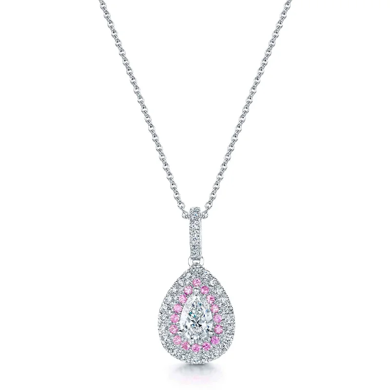 butterfly necklaces for women-18ct White Gold Pear Cut Diamond and Pink Sapphire Pendant with Double Halo Surround