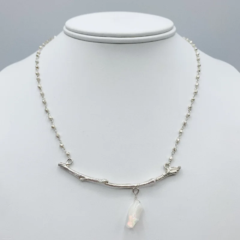 short necklaces for women-Sterling Silver Branch and Chain with Opal Drop