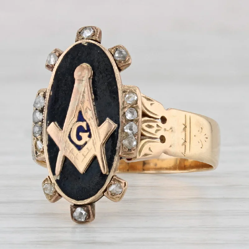 split shank engagement rings for women-Victorian Masonic Ring 14k Gold Diamond Enamel Size 9.5 Square Compass Signet