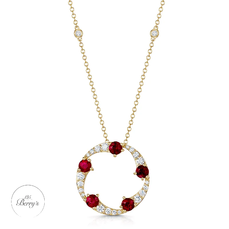 layered crystal necklaces for women-OPEIA Collection 18ct Yellow Gold Ruby And Diamond Fancy Large Circle Pendant With Chain