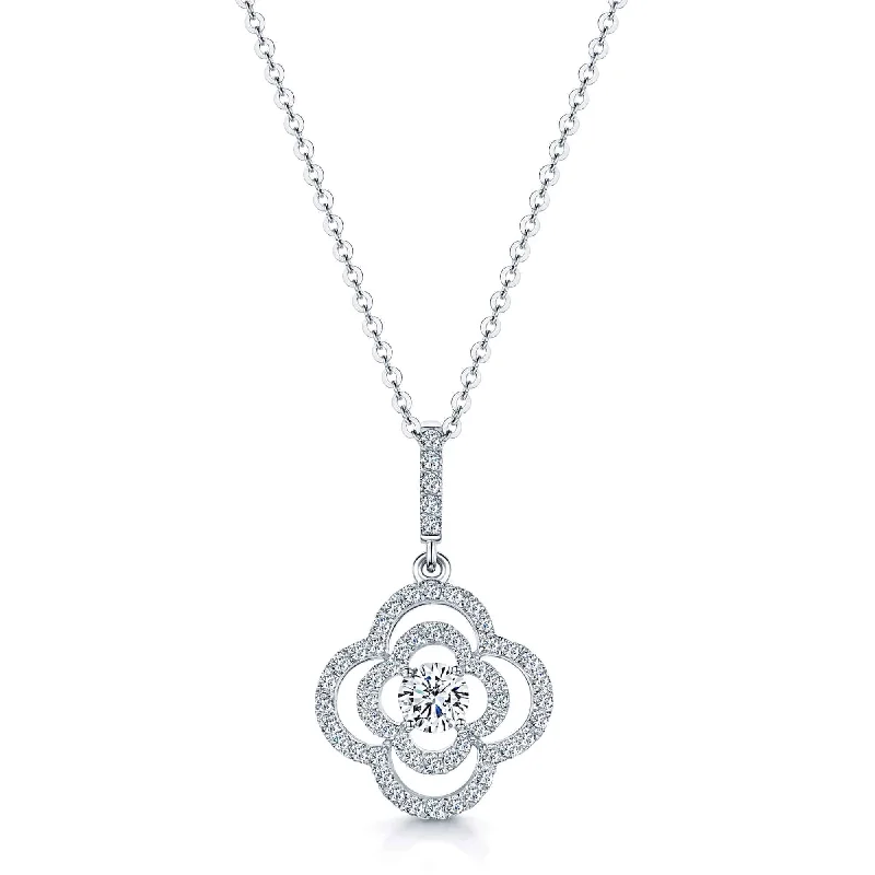 beaded necklaces for women-18ct White Gold Round Brilliant Cut Diamond Open Flower Pendant