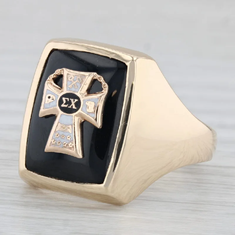 engagement rings with side stones for women-Custom Sigma Chi Cross Badge Signet Ring 10k Gold Onyx Sz 12 Vintage Fraternity