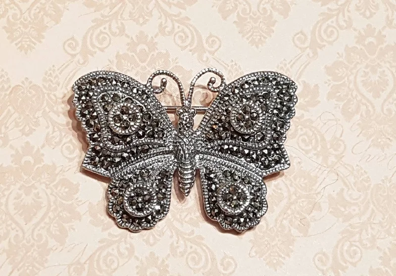 vintage brooches for women-Butterfly Brooch Silver Marcasite Pendant Necklace