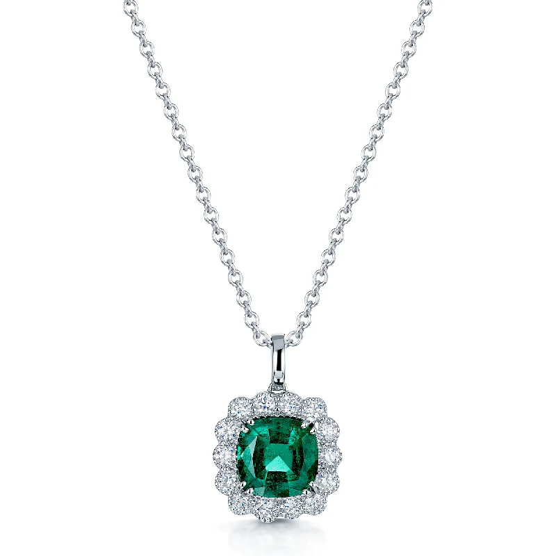 delicate necklaces for women-18ct White Gold Cushion Shape Emerald & Diamond Cluster Pendant