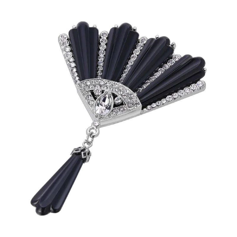 seasonal brooches for women-1928 Jewelry Deco Fantasy Crystal & Black Stone Statement Brooch Pin