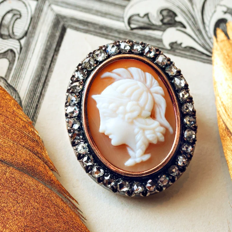 large brooches for women-Antique Victorian Goddess Athena Shell Cameo & Diamond Brooch