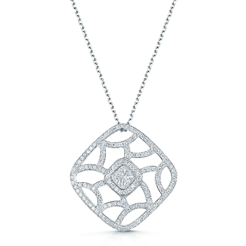 delicate necklaces for women-18ct White Gold Princess & Round Brilliant Cut Diamond Pave Set Open Work Square Pendant