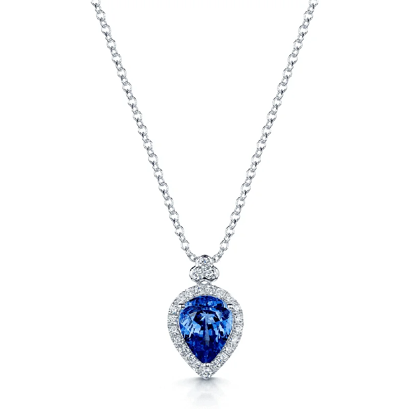 sun necklaces for women-18ct White Gold Pear Shaped Tanzanite Pendant With Diamond Surround And Bale