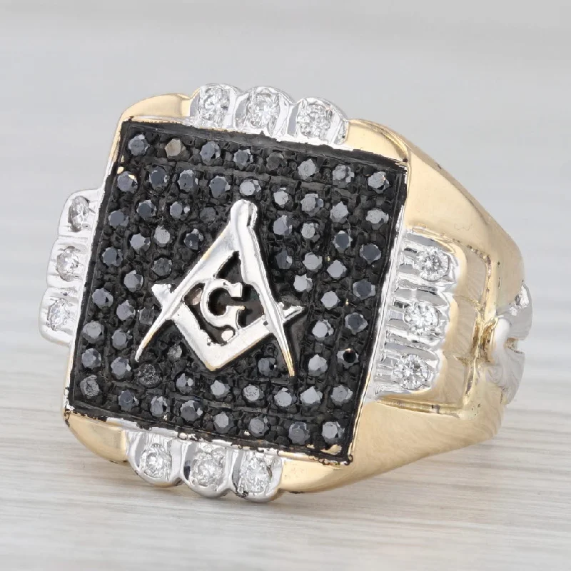 rose gold engagement rings with diamonds for women-0.62ctw Black White Diamond Masonic Ring 18k Gold Square Compass Blue Lodge