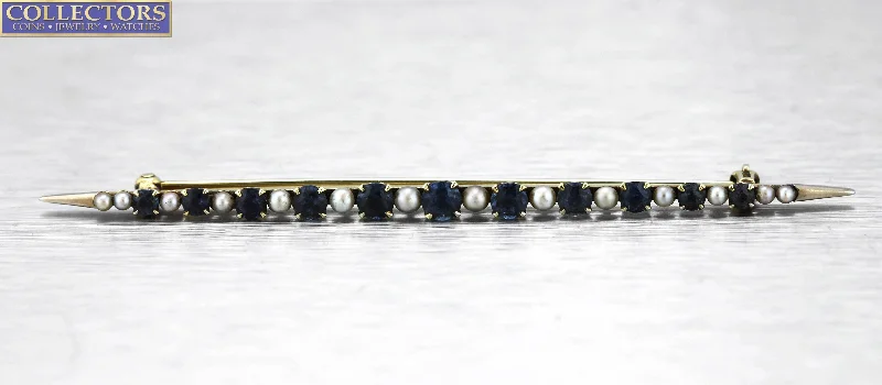 unique brooches for women-Ladies Vintage Estate 14K Yellow Gold 1.13ctw Blue Sapphire Pearl Brooch Pin