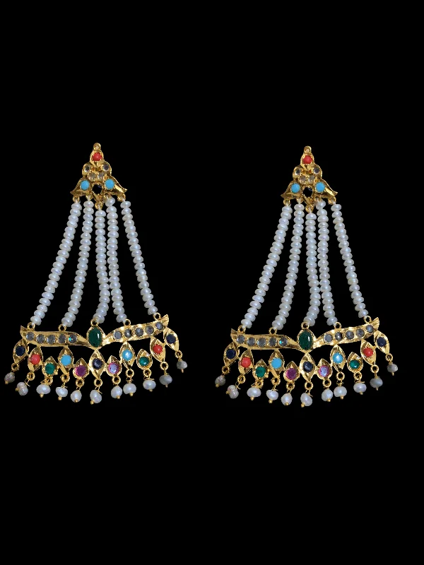 turquoise earrings for women-DER74 Hyderabadi jhoomar earrings in fresh water pearls ( READY TO SHIP)