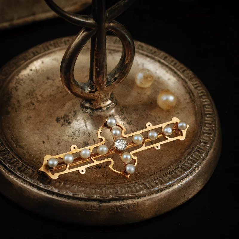 butterfly-shaped brooches for women-Pleasingly Symmetrious Edwardian 15ct Gold, Diamond and Natural Pearl Brooch