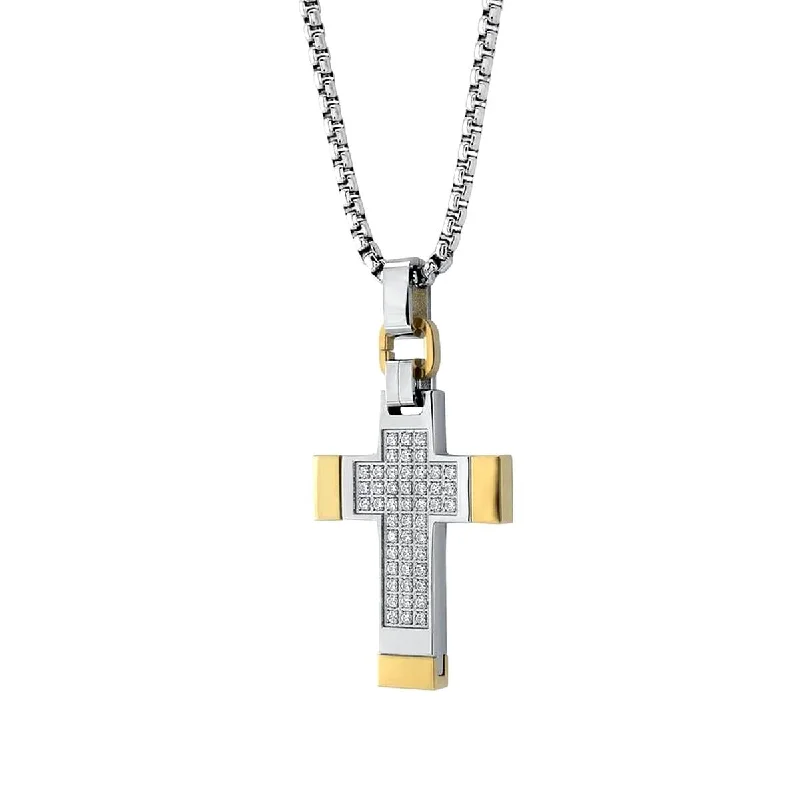 animal-shaped necklaces for women-MEN'S TWO TONE STAINLESS STEEL CROSS AND CHAIN WITH CUBIC CIRCONIA