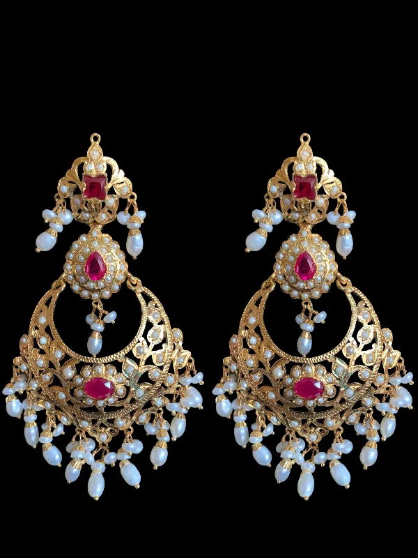 silver chandelier earrings for women-Nadine gold plated silver earrings in fresh water pearls and rubies ( SHIPS IN 4 WEEKS )