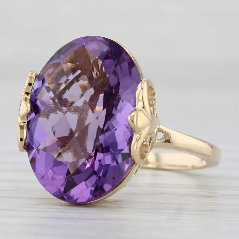 unique engagement rings for women-10.37ct Oval Amethyst Solitaire Ring 14k Yellow Gold Sz 7.5 Fleur Di Lis Accents