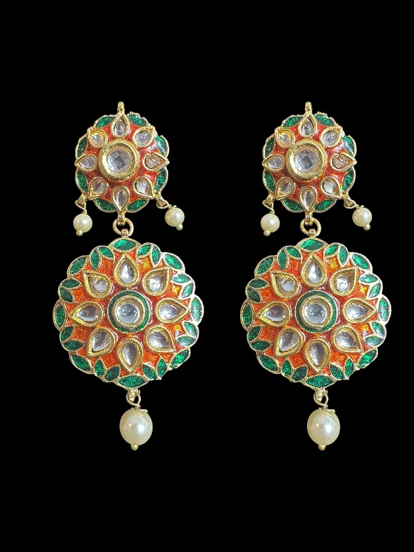 pearl stud earrings for women-Kundan earrings - orange  green ( READY TO SHIP )