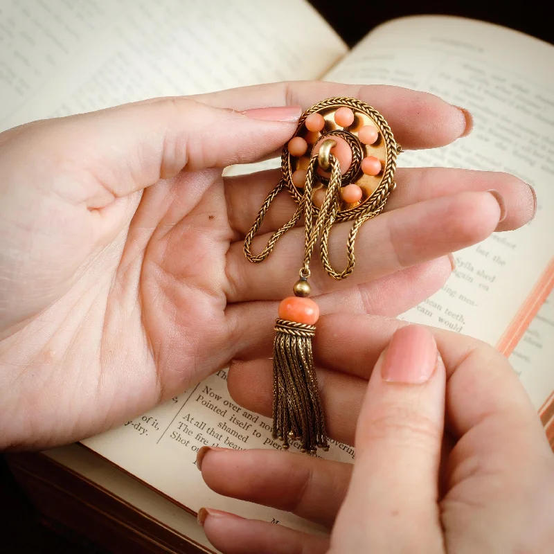 jeweled brooches for women-Rare Mid Victorian Archaeological Revival Draped Coral Brooch