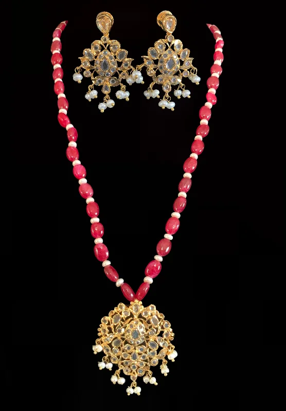 gold-plated earrings for women-PS512 Hania hyderabadi pendant set in ruby with earrings  ( READY TO SHIP )