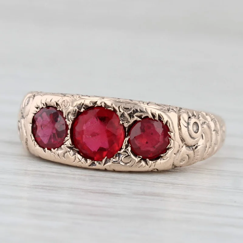 white gold engagement rings for women-Antique Ornate Red Glass Garnet Ring 8k Rose Gold Size 8.75 Round 3-Stone