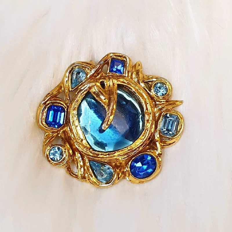 costume brooches for women-YSL brooch Vintage Blue Glass Gold Pendant Large