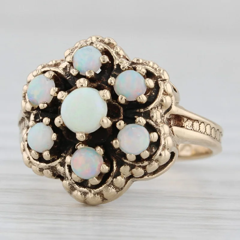 pave engagement rings for women-Vintage Opal Cluster Flower Ring 14k Yellow Gold Size 6.25