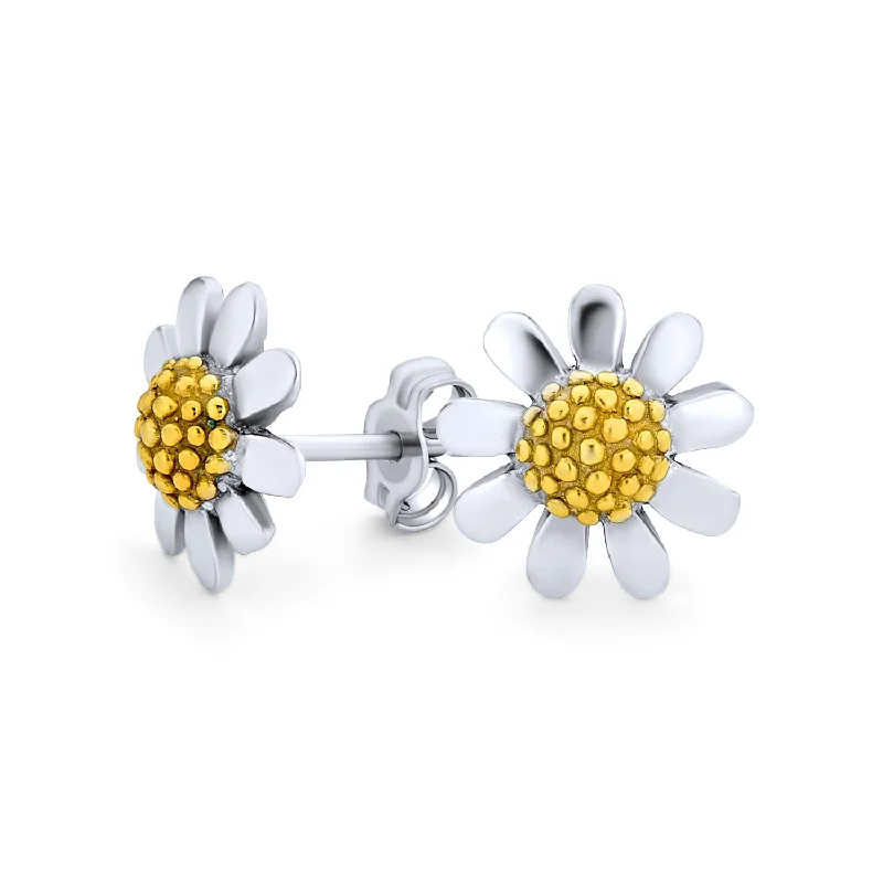 silver stud earrings for women-Summer Spring Two Tone Sunflower Daisy Flower Stud Earrings 14K Gold Silver