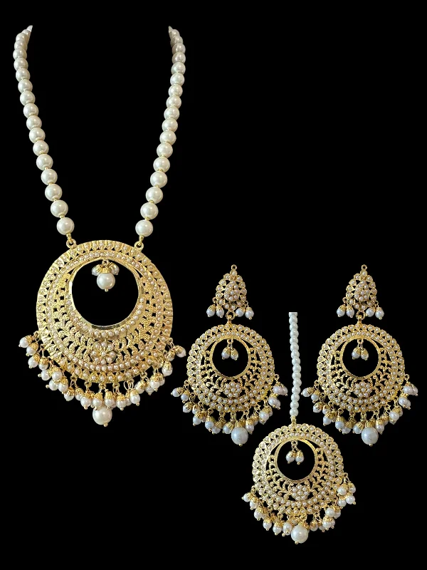 silver earrings for women-PS523 Jadau pendant and earrings tika set in pearls (READY TO SHIP )